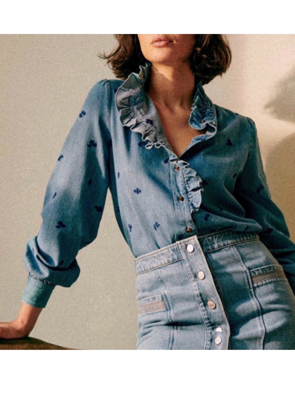 Sézane Chlo Blue Ruffle Denim Shirt Floral Embroidery